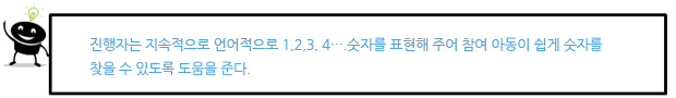 진행자는 지속적으로 언어적으로 1,2,3, 4….숫자를 표현해 주어 참여 아동이 쉽게 숫자를 찾을 수 있도록 도움을 준다.