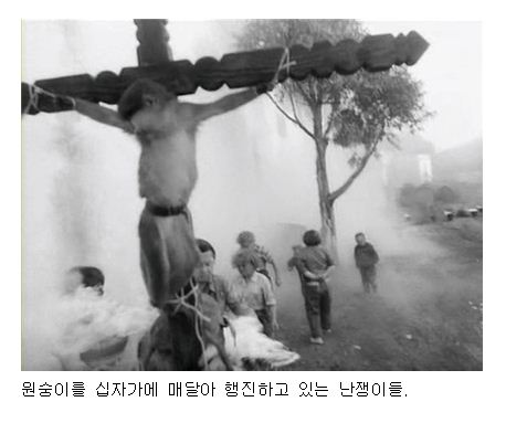 원숭이를 십자가에 매달아 행진하고 있는 난쟁이들.