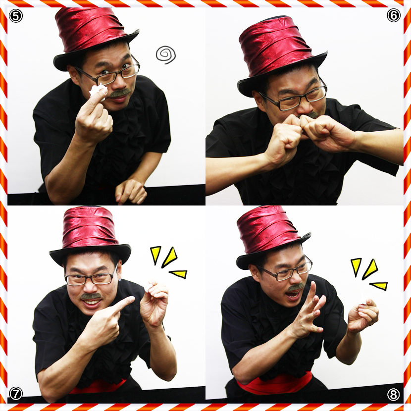 ⑤ 휴지를 손으로 쥔게 잘 보이죠? ⑥ 이 휴지를 손으로 일단 옮기고 ⑦ 손에 마술의 신호를 줄거에요. 뭐가 좋을까? ⑧ 수리수리 마수리 이야압~