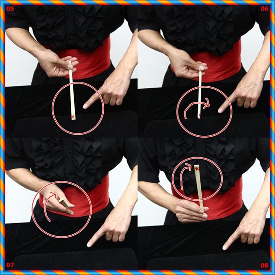 ⑤ (그림을 주의 깊게 보세요) 젓가락을 살며시 잡아줍니다. ⑥ (그림을 주의 깊게 보세요) 젓가락을 뒤집으면서 들어 줍니다. ⑦ (그림을 주의 깊게 보세요) 젓가락을 들어 뒤집히면서 같은 면을 보여주게 되요. ⑧ (그림을 주의 깊게 보세요) 젓가락을 들때는 신속 정확하게 들어줘야 합니다.