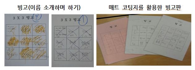 이름을 소개하는 빙고와 빙고판을 예시로 보여주고 있습니다 / 빙고(이름 소개하며 하기), 매트 코팅지를 활용한 빙고판