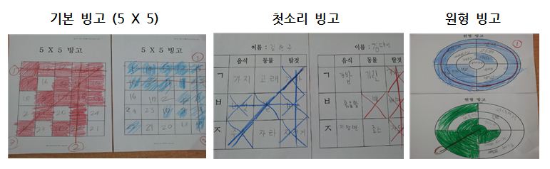 빙고의 종류와 예시를 보여주고 있습니다 기본빙고(5*5),첫소리빙고, 원형빙고