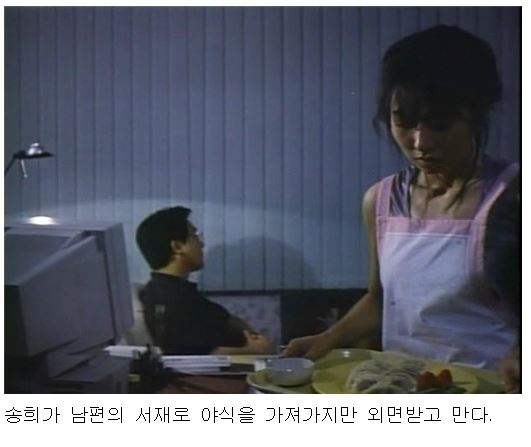 송희가 남편의 서재로 야식을 가져가지만 외면받고 만다. 