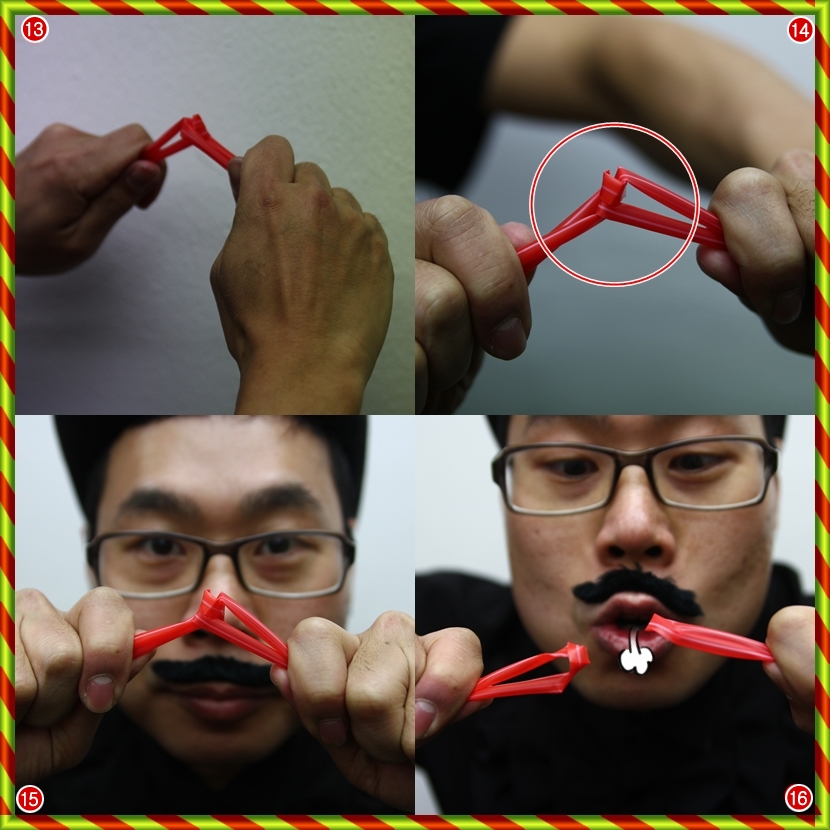 ⑬ 그리고 빨대를 그대로 위와 아래끼리 잡고 오른쪽과 왼쪽으로 잡아 줍니다. ⑭ 빨대는 이런 그림이 되겠죠? ⑮ 그 다음 빨대를 잘 잡고 주문을 외울 차례입니다. 수리수리 마수리~~ ? 후우 하고 불면 빨대가 빠집니다.