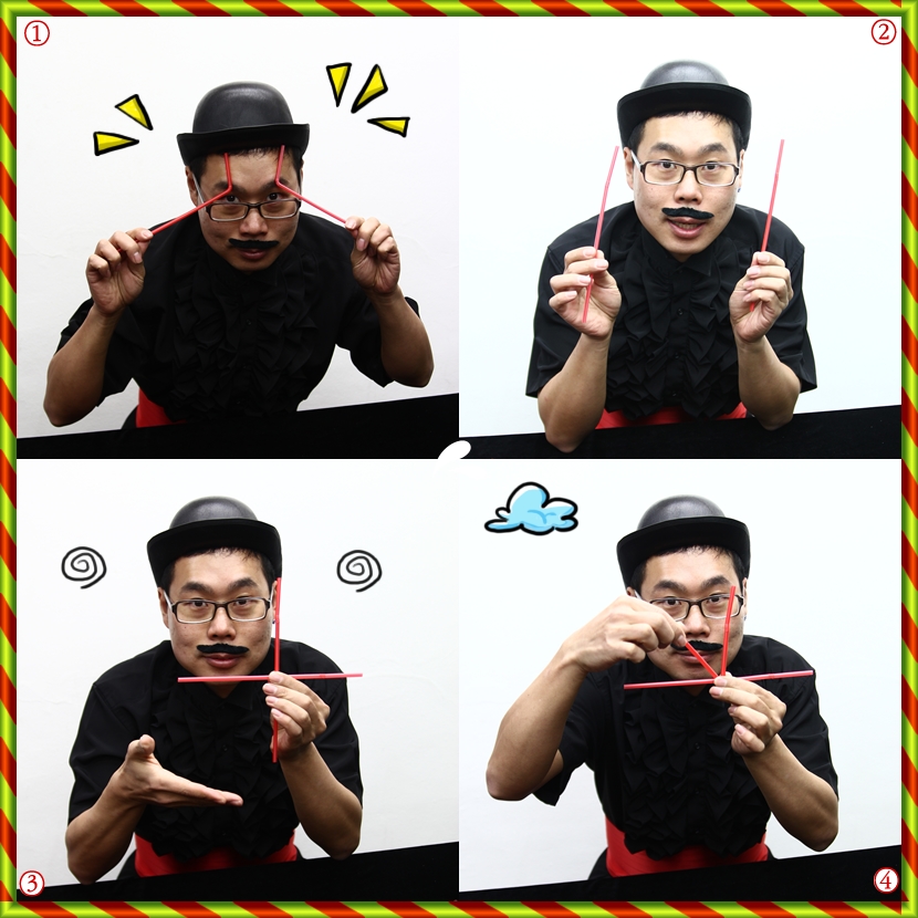 ① 두 개의 빨대가 필요한 마술. ② 자~ 잘 보세요. 빨대를 준비했습니다. ③ 빨대를 십자가로 잘 잡았습니다. 준비 되었어요. ④ 빨대를 감아 줄거에요. 잘 보세요~~