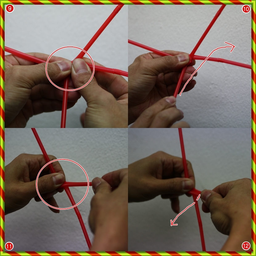 ⑨ (그림을 주의 깊게 보세요)회전 했으면 빨대의 가운데를 손으로 꼬옥 눌러주세요. 그래야 빨대가 중간에 풀리지 않아요. ⑩ (그림을 주의 깊게 보세요)빨대를 그림처럼 또 감을 거에요. ⑪ (그림을 주의 깊게 보세요)빨대를 잘 회전 시켜줘야 해요. 그렇지 않으면 하다가 빨대가 풀릴거에요 ⑫ (그림을 주의 깊게 보세요)빨대를 잘 감아 주세요