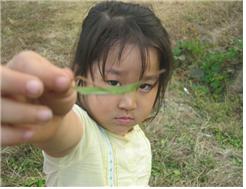 방아깨비를 잡은 어린여자아이의 모습이예요.