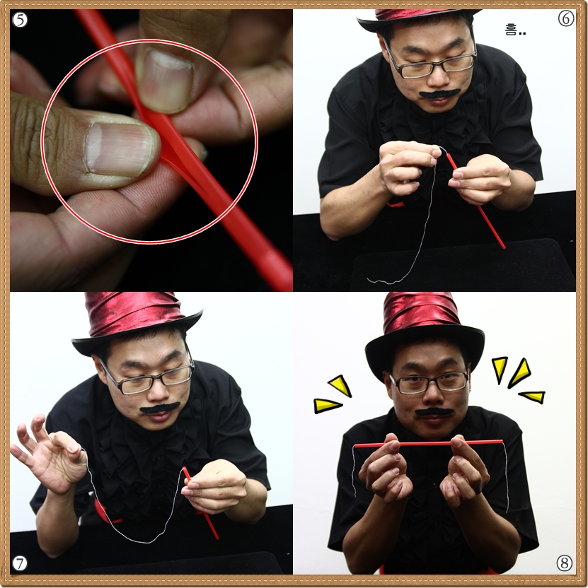 ⑤ 갈라진 빨대는 다음과 같은 모양이에요. ⑥ 빨대에 실을 넣읍시다. 천천히 인내심을 가지고 넣으면 되요 ⑦ 빨대가 너무 작으면 실이 안 들어 가겠지요? ⑧ 이제 빨대 안에 실이 들어갔어요.