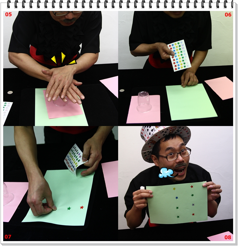 ⑤ 투명한 컵을 종이에 꾸욱 눌러줍니다. 1분정도 누르고 있으면 입구에 종이가 잘 붙을거에요. ⑥ 투명한 컵에 종이가 붙는 동안 나머지 종이는 꾸미기 할거에요 ⑦ 스티커로 이쁘게 꾸며주세요 ⑧ 대이빅 선생님은 이렇게 꾸몄지만 친구들은 더 이쁘게 꾸미기에요.