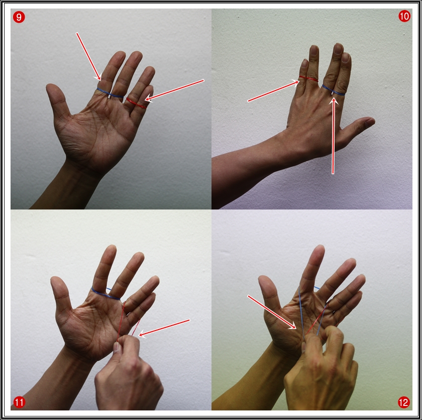⑨ 서로 다른 색의 고무줄이 있다면 이렇게도 가능해요. 설 다른 색의 고무줄을 각각 손가락에 끼워 줍니다. ⑩ 파란색은 두 번째와 세 번째에 빨간색은 네 번째와 다섯 번째에 있죠? ⑪ 우선 빨간색 고무줄을 손가락으로 잡습니다. ⑫ 그 다음 파란색 고무줄도 잘 잡아 줍니다.