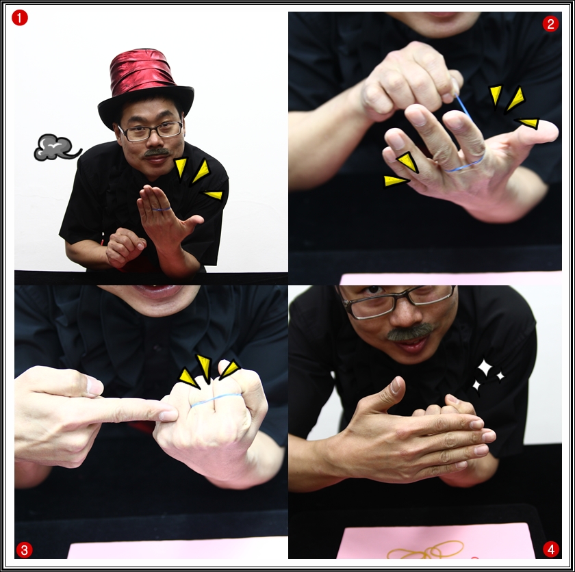 ① 대이빅 선생님의 손을 잘 보세요. 고무줄을 손에 끼우고 있네요. ② 고무줄을 두 번째 손가락과 세 번째 손가락에 끼워진 것을 확인 시켜 줍니다 ③ 이제 잘 보세요~ ④ 마술마술 수리수리 마수리~~