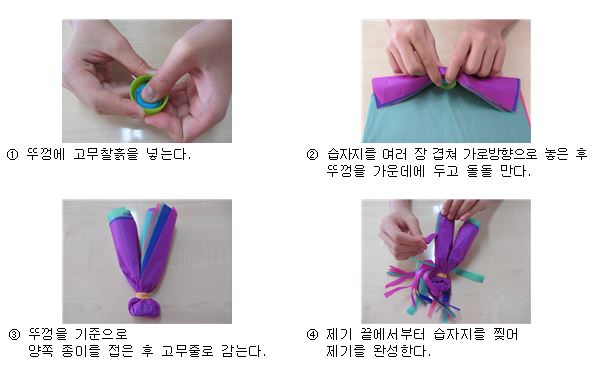제기만드는 방법입니다. 첫째, 뚜껑에 고무찰흙을 넣는다. 둘째, 습자지를 여러 장 겹쳐 가로방향으로 놓은 후 뚜껑을 가운데에 두고 돌돌 만다. 셋째, 뚜껑을 기준으로 양쪽 종이를 접은 후 고무줄로 감는다. 넷째, 제기 끝에서부터 습자지를 찢어 제기를 완성한다. 입니다. 