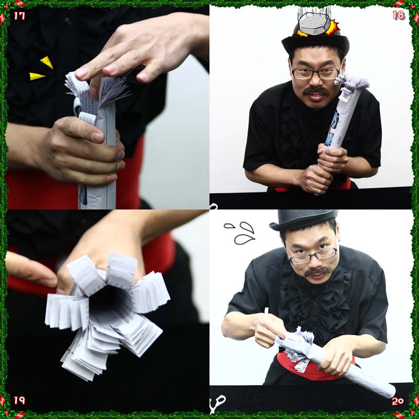 ? 잘라진 신문을 손으로 잘 펼쳐줍니다. ? 끝이 펼쳐진게 잘 보이죠? ? 접혀진 신문은 이렇게 된 답니다. ? 이 신문을 잘 잡아 당겨주면 트리가 나오게 되는 거죠.