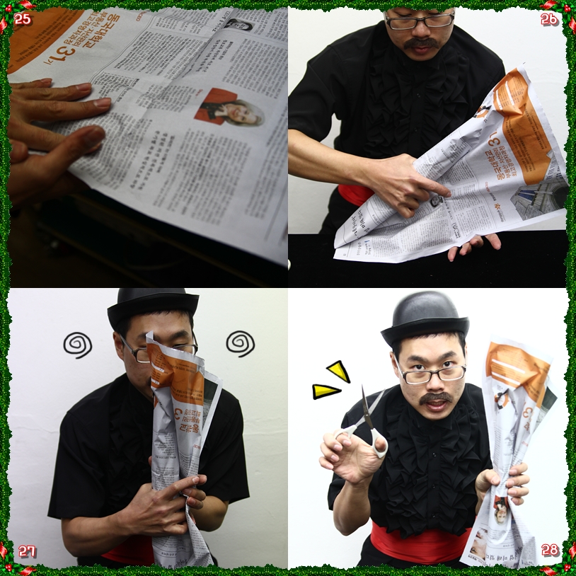 25) 테이블 끝에 붙어 있는 신문을 잘 가지고 와야 해요. 들키지 않게~ 26) 신문을 잘 모아줍니다. 27) 그리고는 가위를 준비해서 자를 준비를 하는거죠 28) 신문을 가위로 잘라줄 거에요. 눈치 못 채겠죠?