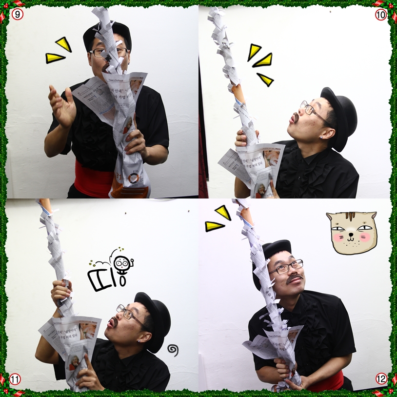 ⑨ 신문에서 신문 트리가 나와요 ⑩ 끝도 없이 나오는 신문지 트리에요. ⑪ 우와 이거 하늘끝까지 닿겠네~~ ⑫ 정말 신기한 신문 트리 마술이에요