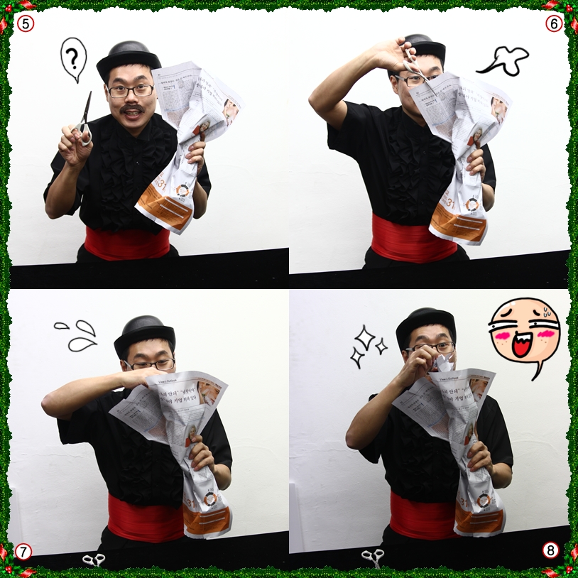 ⑤ 신문을 잘 모아서 가위로 자를거에요 ⑥ 싹둑싹둑 가위로 자릅니다. 손 조심해야겠죠? ⑦ 잘라진 신문이 어떻게 될까요? ⑧ 엥? 신문에서 무언가 나오기 시작해요!!