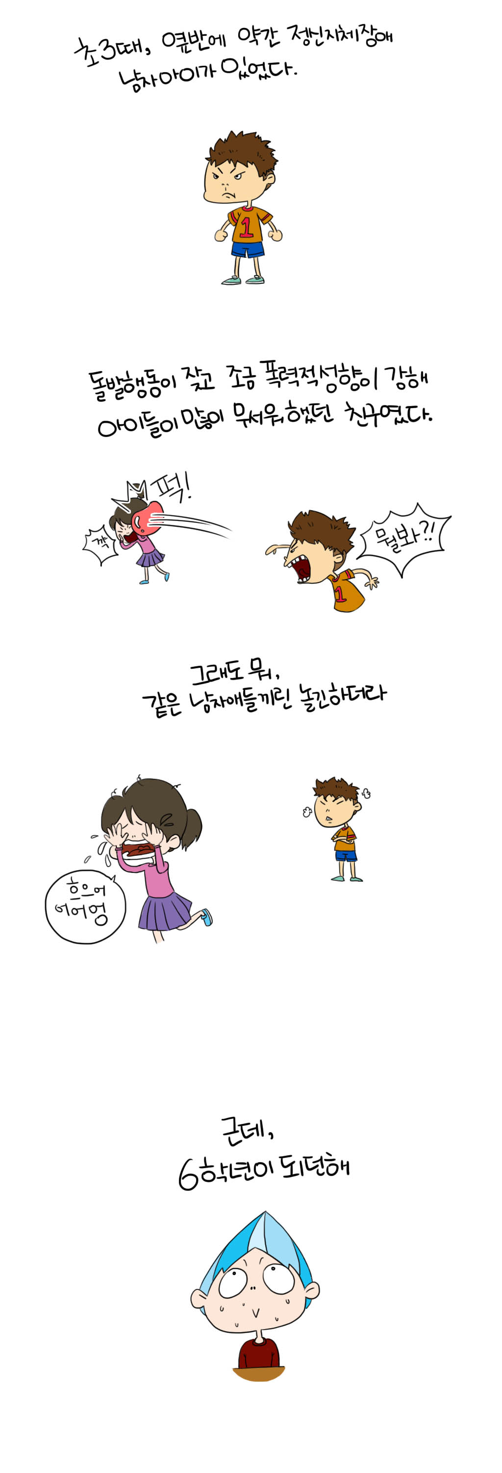 초3때,옆반에 약간 정신지체장애
남자아이가 있었다.
돌발행동이 잦고 조금 폭력적성향이 강해
아이들이 많이 무서워했던 친구였다.
뭘봐?! 퍽! 깍
그래도 뭐,
같은 남자애들끼린 놀긴하더라
흐으어어어엉
근데,
6학년이 되던해