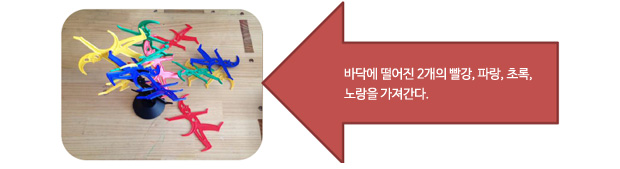 바닥에 떨어진 2개의 빨강 파랑 초록 노랑을 가져간다.