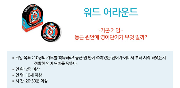 워드어라운드 기본게임 / 둥근원안에 영어단어가 무엇일까? /  게임목표:10장의 카드를 획득하라 둥근 원안에 쓰여있는 단어가 어디서 부터 시작하였는지 정확한 영어단어를 맞춘다. 인원:2명이상 연령 10세이상 시간:20-30분 이상