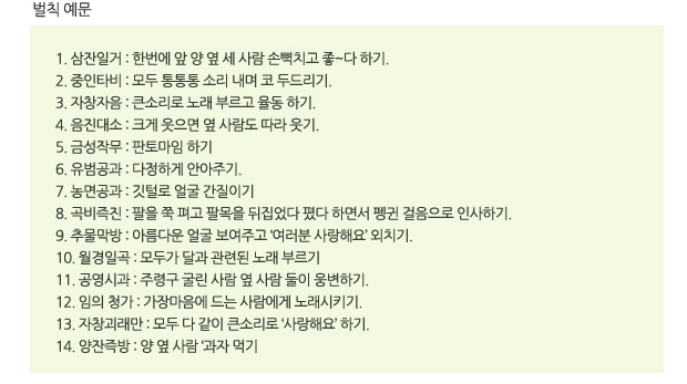 벌칙 예문 
1. 삼잔일거 : 한번에 앞 양 옆 세 사람 손뼉치고 좋~다 하기. 
2. 중인타비 : 모두 통통통 소리 내며 코 두드리기. 
3. 자창자음 : 큰소리로 노래 부르고 율동 하기. 
4. 음진대소 : 크게 웃으면 옆 사람도 따라 웃기. 
5. 금성작무 : 판토마임 하기
6. 유범공과 : 다정하게 안아주기. 
7. 농면공과 : 깃털로 얼굴 간질이기  
8. 곡비즉진 : 팔을 쭉 펴고 팔목을 뒤집었다 폈다 하면서 펭귄 걸음으로 인사하기. 
9. 추물막방 : 아름다운 얼굴 보여주고 ‘여러분 사랑해요’ 외치기. 
10. 월경일곡 : 모두가 달과 관련된 노래 부르기 
11. 공영시과 : 주령구 굴린 사람 옆 사람 둘이 웅변하기. 
12. 임의 청가 : 가장마음에 드는 사람에게 노래시키기. 
13. 자창괴래만 : 모두 다 같이 큰소리로 ‘사랑해요’ 하기. 
14. 양잔즉방 : 양 옆 사람 ‘과자 먹기
