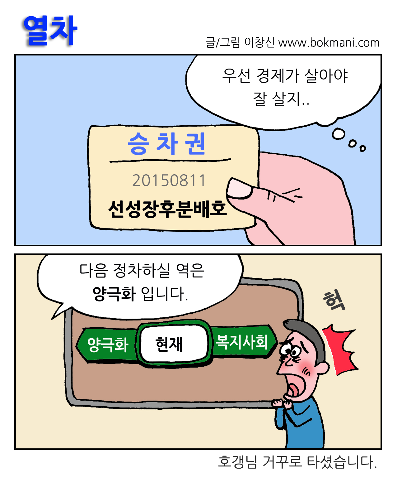 열차
글/그림 이창신 www.bokmani.com

우선 경제가 살아야 잘 살지..
승차원
20150811
선성장후분배호

다음 정차하실 역은 양극화 입니다.

양극화 현재 복지사회 
헉
호갱님 거꾸로 타셨습니다.
