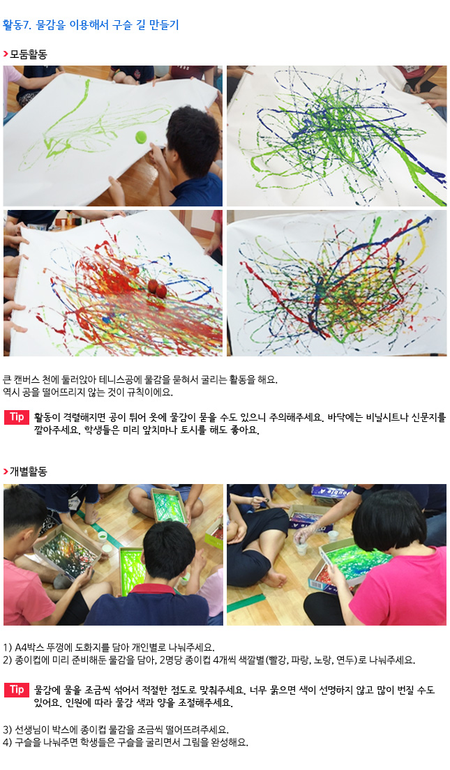 활동7. 물감을 이용해서 구슬 길 만들기
◆ 모둠 활동
 
    
큰 캔버스 천에 둘러앉아 테니스공에 물감을 묻혀서 굴리는 활동을 해요. 
역시 공을 떨어뜨리지 않는 것이 규칙이에요.
Tip. 활동이 격렬해지면 공이 튀어 옷에 물감이 묻을 수도 있어요. 주의해주세요. 
바닥에는 비닐시트나 신문지를 깔아주세요. 학생들은 미리 앞치마나 토시를 해도 좋아요.

◆ 개별 활동
 
1) A4박스 뚜껑에 도화지를 담아 개인별로 나눠주세요. 
2) 종이컵에 미리 준비해둔 물감을 담아, 2명당 종이컵 4개씩 색깔별(빨강, 파랑, 노랑, 연두)로 나눠주세요.
Tip. 물감에 물을 조금씩 섞어서 적절한 점도로 맞춰주세요. 너무 묽으면 색이 선명하지 않고 많이 번질 수도 있어요. 인원에 따라 물감 색과 양을 조절해주세요.
3) 선생님이 박스에 종이컵 물감을 조금씩 떨어뜨려주세요.
4) 구슬을 나눠주면 학생들은 구슬을 굴리면서 그림을 완성해요.
