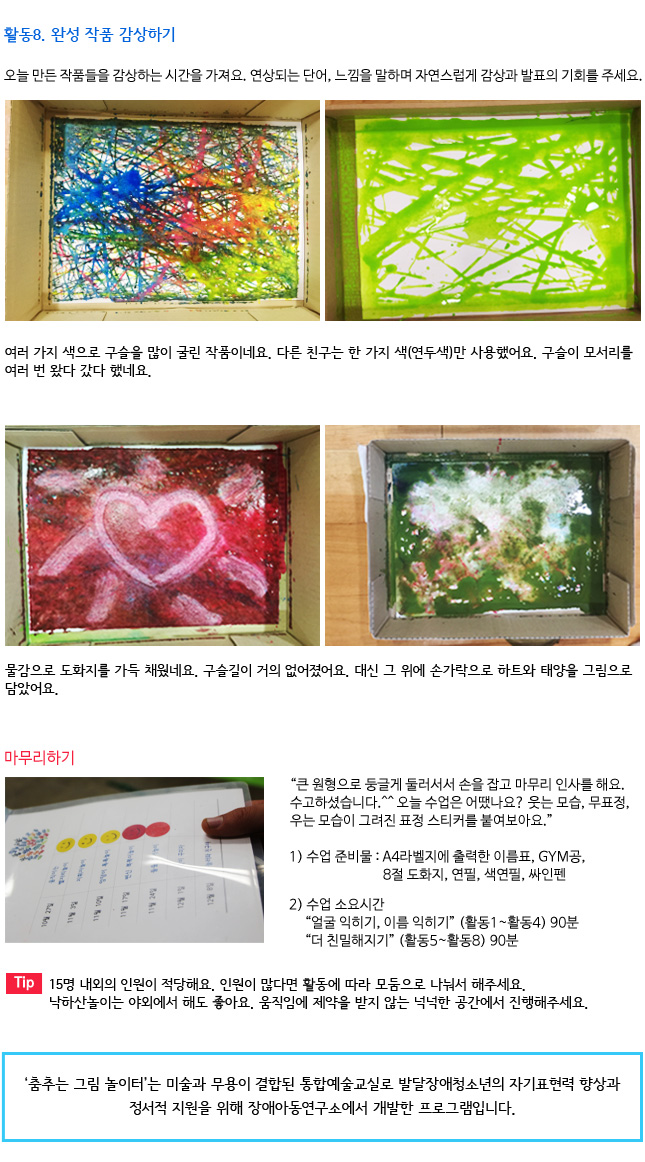 활동8. 완성 작품 감상하기
오늘 만든 작품들을 감상하는 시간을 가져요.
연상되는 단어, 느낌을 말하며 자연스럽게 감상과 발표의 기회를 주세요.
     
▶ 여러 가지 색으로 구슬을 많이 굴린 작품이네요. 
   다른 친구는 한 가지 색(연두색)만 사용했어요. 구슬이 모서리를 여러 번 왔다 갔다 했네요. 
    
▶ 물감으로 도화지를 가득 채웠네요. 구슬길이 거의 없어졌어요. 
   대신 그 위에 손가락으로 하트와 태양을 그림으로 담았어요.

마무리하기


“큰 원형으로 둥글게 둘러서서 손을 잡고 마무리 인사를 해요. 수고하셨습니다.^^ 오늘 수업은 어땠나요? 웃는 모습, 무표정, 우는 모습이 그려진 표정 스티커를 붙여보아요.”



◆ 수업 준비물 : A4라벨지에 출력한 이름표, GYM공, 8절 도화지, 연필, 색연필, 싸인펜

◆ 수업 소요시간
  “얼굴 익히기, 이름 익히기” (활동1~활동4) 90분 
  “더 친밀해지기” (활동5~활동8) 90분
  
Tip. 15명 내외의 인원이 적당해요. 인원이 많다면 활동에 따라 모둠으로 나눠서 해주세요. 낙하산놀이는 야외에서 해도 좋아요. 움직임에 제약을 받지 않는 넉넉한 공간에서 진행해주세요.

※ ‘춤추는 그림 놀이터’는 미술과 무용이 결합된 통합예술교실로 발달장애청소년의 자기표현력 향상과 정서적 지원을 위해 장애아동연구소에서 개발한 프로그램입니다. 
