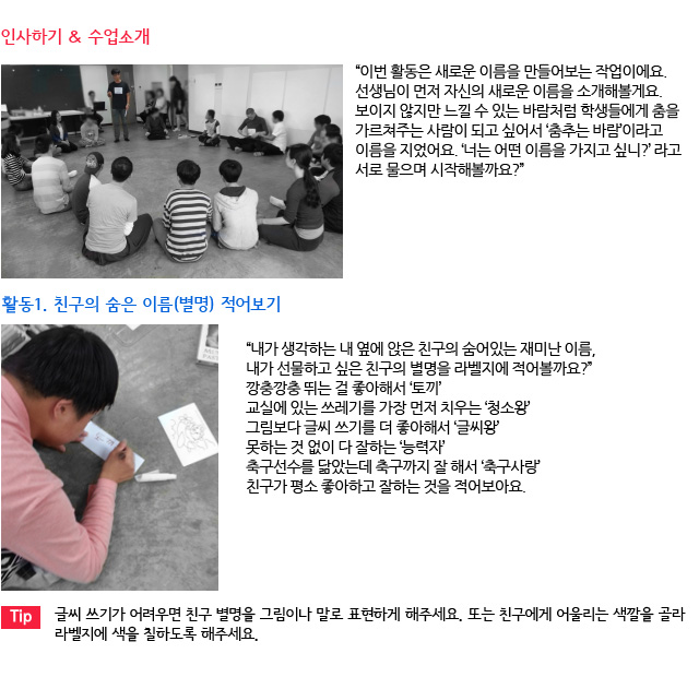 인사하기 & 수업소개/이번 활동은 새로운 이름을 만들어보는 작업이에요. 
선생님이 먼저 자신의 새로운 이름을 소개해볼게요. 보이지 않지만 느낄 수 있는 바람처럼 
학생들에게 춤을 가르쳐주는 사람이 되고 싶어서 ‘춤추는 바람’이라고 이름을 지었어요. ‘너는 
어떤 이름을 가지고 싶니?’ 라고 서로 물으며 시작해볼까요?/활동1. 친구의 숨은 이름(별명) 적어
보기/내가 생각하는 내 옆에 앉은 친구의 숨어있는 재미난 이름, 내가 선물하고 싶은 친구의 별명을 라벨지에 적어볼까요?”
깡충깡충 뛰는 걸 좋아해서 ‘토끼’교실에 있는 쓰레기를 가장 먼저 치우는 ‘청소왕’그림보다 글씨 쓰기를 더 좋아해서 ‘글씨왕’
못하는 것 없이 다 잘하는 ‘능력자’ 축구선수를 닮았는데 축구까지 잘 해서 ‘축구사랑’ 
친구가 평소 좋아하고 잘하는 것을 적어보아요./Tip. 글씨 쓰기가 어려우면 친구 별명을 그림이나 말로 표현하게 해주세요. 또는 친구에게 어울리는 색깔을 골라 라벨지에 색을 칠하도록 해주세요.
