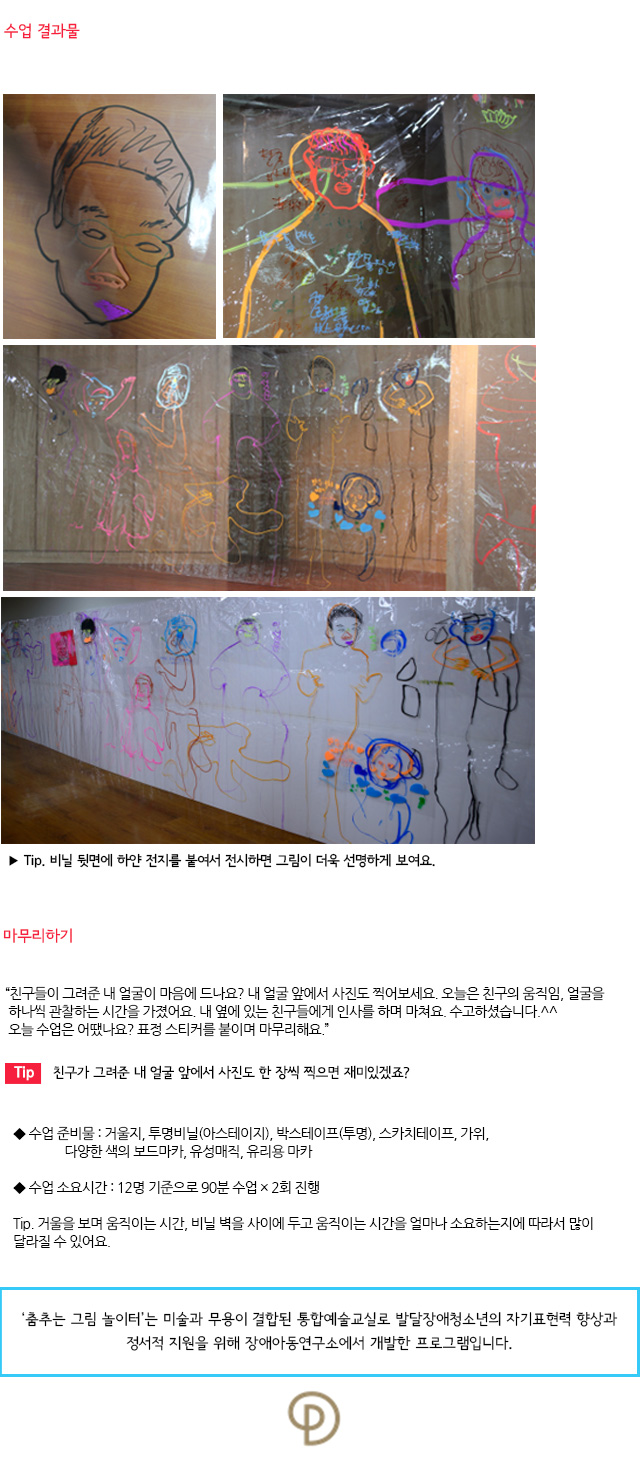 수업 결과물
Tip. 비닐 뒷면에 하얀 전지를 붙여서 전시하면 그림이 더욱 선명하게 보여요.

마무리하기

“친구들이 그려준 내 얼굴이 마음에 드나요? 내 얼굴 앞에서 사진도 찍어보세요. 오늘은 친구의 움직임, 얼굴을 하나씩 관찰하는 시간을 가졌어요. 내 옆에 있는 친구들에게 인사를 하며 마쳐요. 수고하셨습니다.^^ 오늘 수업은 어땠나요? 표정 스티커를 붙이며 마무리해요.”

Tip. 친구가 그려준 내 얼굴 앞에서 사진도 한 장씩 찍으면 재미있겠죠?

 수업 준비물 : 거울지, 투명비닐(아스테이지), 박스테이프(투명), 스카치테이프, 가위, 
                다양한 색의 보드마카, 유성매직, 유리용 마카

 수업 소요시간 : 12명 기준으로 90분 수업 × 2회 진행

Tip. 거울을 보며 움직이는 시간, 비닐 벽을 사이에 두고 움직이는 시간을 얼마나 소요하는지에 따라서 많이 달라질 수 있어요. 

 ‘춤추는 그림 놀이터’는 미술과 무용이 결합된 통합예술교실로 발달장애청소년의 자기표현력 향상과 정서적 지원을 위해 장애아동연구소에서 개발한 프로그램입니다.  
