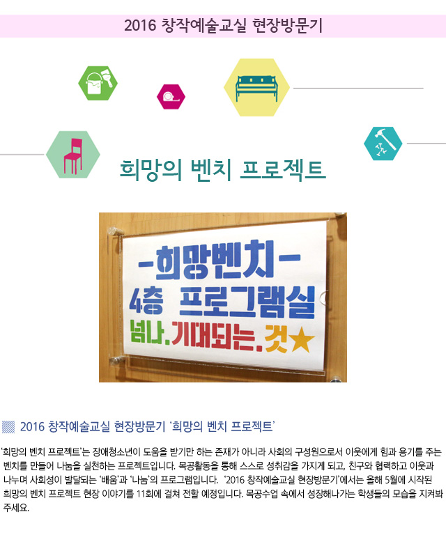 2016 창작예술교실 현장방문기/희망의 벤치 프로젝트/2016 창작예술교실 현장방문기 ‘희망의 벤치 프로젝트’/  ‘희망의 벤치 프로젝트’는 장애청소년이 도움을 받기만 하는 존재가 아니라 사회의 구성원으로서 이웃에게 힘과 용기를 주는 벤치를 만들어 나눔을 실천하는 프로젝트입니다. 목공활동을 통해 스스로 성취감을 가지게 되고, 친구와 협력하고 이웃과 나누며 사회성이 발달되는 ‘배움’과 ‘나눔’의 프로그램입니다.‘2016 창작예술교실 현장방문기’에서는 올해 5월에 시작된 희망의 벤치 프로젝트 현장 이야기를 11회에 걸쳐 전할 예정입니다. 목공수업 속에서 성장해나가는 학생들의 모습을 지켜봐주세요