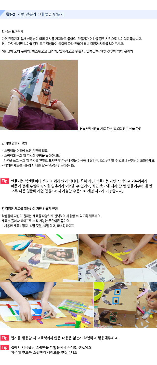 활동2. 가면 만들기 : 내 얼굴 만들기

1) 샘플 보여주기

가면 만들기에 앞서 선생님이 미리 예시를 가져와도 좋아요. 만들기가 어려울 경우 사진으로 보여줘도 좋습니다. 단, 1가지 예시만 보여줄 경우 모든 학생들이 똑같이 따라 만들게 되니 다양한 사례를 보여주세요.
예) 잡지 오려 붙이기, 파스넷으로 그리기, 입체적으로 만들기, 알록달록 색깔 깃털과 막대 붙이기

쇼핑백 4면을 서로 다른 얼굴로 만든 샘플 가면

2) 가면 만들기 설명
쇼핑백을 머리에 쓰면 가면이 돼요.
쇼핑백에 눈과 입 위치에 구멍을 뚫어주세요. 가면을 쓰고 눈과 입 위치를 연필로 표시한 후 가위나 칼을 이용해서 잘라주세요. 위험할 수 있으니 선생님이 도와주세요.
다양한 재료를 사용해서 나를 닮은 얼굴을 만들어주세요.

Tip. 만들기는 학생들마다 속도 차이가 많이 납니다. 특히 가면 만들기는 개인 작업으로 이루어지기 때문에 전체 수업의 속도를 맞추기가 어려울 수 있어요. 작업 속도에 따라 한 면 만들기부터 네 면 모두 다른 얼굴의 가면 만들기까지 가능한 수준으로 개별 지도가 가능합니다.
3) 다양한 재료를 활용하여 가면 만들기 진행

학생들이 자신이 원하는 재료를 다양하게 선택하여 사용할 수 있도록 해주세요.
재료는 풀이나 테이프로 부착 가능한 무엇이든 좋아요.
사용한 재료 : 잡지, 색깔 깃털, 색깔 막대, 마스킹테이프 
   
    
Tip. 잡지를 활용할 시 교육적이지 않은 내용은 없는지 확인하고 활용해주세요.
Tip. 집에서 사용했던 쇼핑백을 재활용해서 꾸며도 괜찮아요. 체격에 맞도록 쇼핑백의 사이즈를 맞춰주세요.
