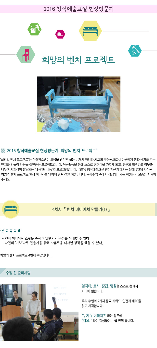 2016 창작예술교실 현장방문기/희망의 벤치 프로젝트4차시. 벤치 미니어처 만들기1교육목표/벤치 미니어처 조립을 통해 희망벤치의 구성을 이해할 수 있다.나만의 기억나무 만들기를 통해 자유로운 디자인 창작을 해볼 수 있다.희망의 벤치 프로젝트 4번째 수업입니다.수업 전 준비 사항/앞치마, 토시, 장갑, 명찰을 스스로 챙겨서 자리에 앉습니다.우리 수업의 2가지 중요 키워드 안전과 배려를 읽고 시작합니다.누가 읽어볼까라는 질문에 저요라며 학생들이 손을 번쩍 듭니다.