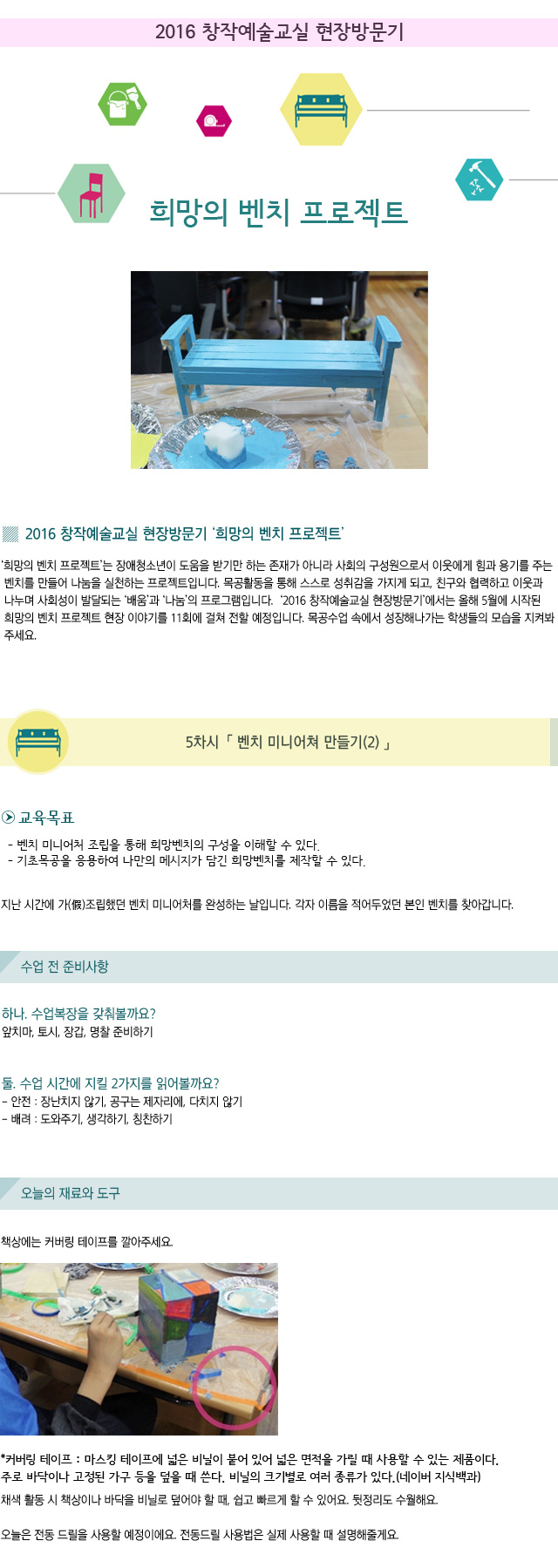 2016 창작예술교실 현장방문기/희망의 벤치 프로젝트/5차시. 벤치 미니어처 만들기(2)/교육목표/- 벤치 미니어처 조립을 통해 희망벤치의 구성을 이해할 수 있다./- 기초목공을 응용하여 나만의 메시지가 담긴 희망벤치를 제작할 수 있다./지난 시간에 가(假)조립했던 벤치 미니어처를 완성하는 날입니다./각자 이름을 적어두었던 본인 벤치를 찾아갑니다. /수업 전 준비 사항/하나. 수업복장을 갖춰볼까요?/앞치마, 토시, 장갑, 명찰 준비하기/둘. 수업 시간에 지킬 2가지를 읽어볼까요?/- 안전 : 장난치지 않기, 공구는 제자리에, 다치지 않기/- 배려 : 도와주기, 생각하기, 칭찬하기//오늘의 재료와 도구/책상에는 커버링 테이프를 깔아주세요./  커버링 테이프 : 마스킹 테이프에 넓은 비닐이 붙어 있어 넓은 면적을 가릴 때 사용할 수 있는 제품이다. 주로 바닥이나 고정된 가구 등을 덮을 때 쓴다. 비닐의 크기별로 여러 종류가 있다./(네이버 지식백과)/채색 활동 시 책상이나 바닥을 비닐로 덮어야 할 때, 쉽고 빠르게 할 수 있어요. 뒷정리도 수월해요.//오늘은 전동 드릴을 사용할 예정이에요. 전동드릴 사용법은 실제 사용할 때 설명해줄게요.