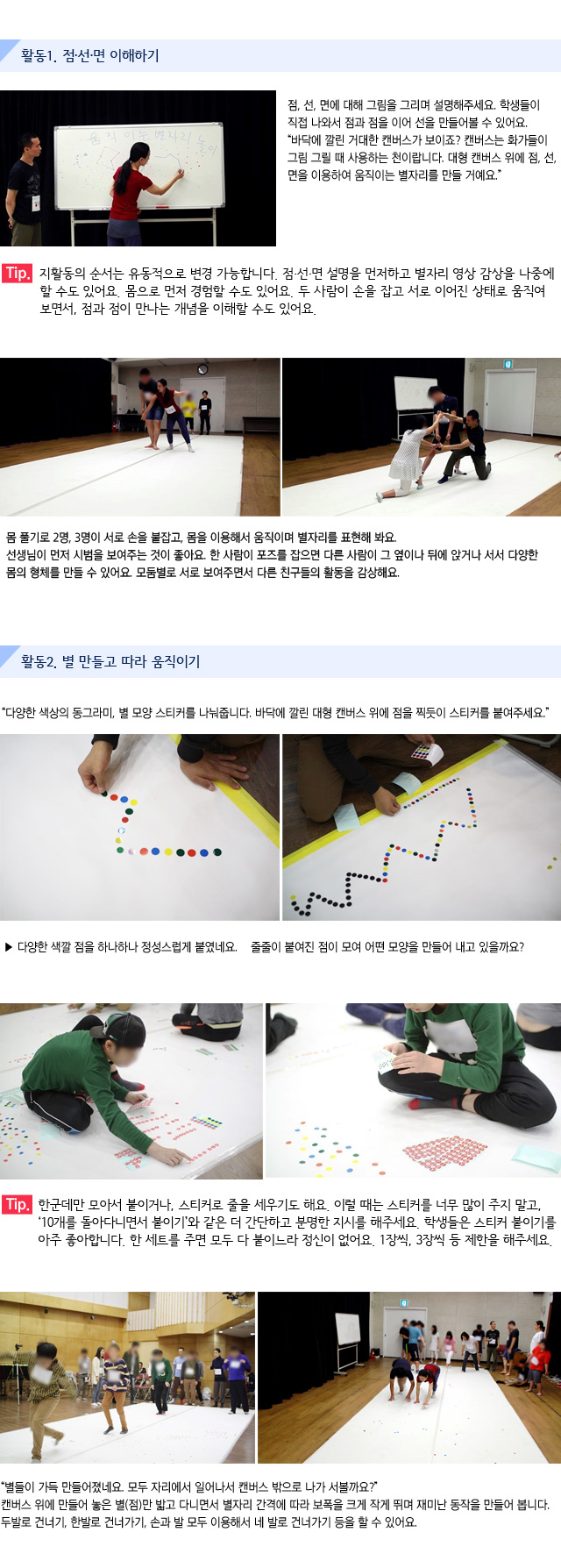 활동1_ 점 선 면 이해하기/점, 선, 면에 대해 그림을 그리며 설명해주세요./학생들이 직접 나와서 점과 점을 이어 선을 만들어볼 수 있어요./바닥에 깔린 거대한 캔버스가 보이죠? 캔버스는 화가들이 그림 그릴 때 사용하는 천이랍니다. 대형 캔버스 위에 점, 선, 면을 이용하여 움직이는 별자리를 만들 거예요./Tip. 활동의 순서는 유동적으로 변경 가능합니다. 점·선·면 설명을 먼저하고 별자리 영상 감상을 나중에 할 수도 있어요. 몸으로 먼저 경험할 수도 있어요. 두 사람이 손을 잡고 서로 이어진 상태로 움직여보면서, 점과 점이 만나는 개념을 이해할 수도 있어요./몸 풀기로 2명, 3명이 서로 손을 붙잡고, 몸을 이용해서 움직이며 별자리를 표현해 봐요. 선생님이 먼저 시범을 보여주는 것이 좋아요. 한 사람이 포즈를 잡으면 다른 사람이 그 옆이나 뒤에 앉거나 서서 다양한 몸의 형체를 만들 수 있어요. 모둠별로 서로 보여주면서 다른 친구들의 활동을 감상해요./활동2_ 별 만들고 따라 움직이기/다양한 색상의 동그라미, 별 모양 스티커를 나눠줍니다. 바닥에 깔린 대형 캔버스 위에 점을 찍듯이 스티커를 붙여주세요. 다양한 색깔 점을 하나하나 정성스럽게 붙였네요./   줄줄이 붙여진 점이 모여 어떤 모양을 만들어 내고 있을까요/    /Tip. 한군데만 모아서 붙이거나, 스티커로 줄을 세우기도 해요. 이럴 때는 스티커를 너무 많이 주지 말고, 10개를 돌아다니면서 붙이기’와 같은 더 간단하고 분명한 지시를 해주세요. 학생들은 스티커 붙이기를 아주 좋아합니다. 한 세트를 주면 모두 다 붙이느라 정신이 없어요. 1장씩, 3장씩 등 제한을 해주세요. 별들이 가득 만들어졌네요. 모두 자리에서 일어나서 캔버스 밖으로 나가 서볼까요/캔버스 위에 만들어 놓은 별(점)만 밟고 다니면서 별자리 간격에 따라 보폭을 크게 작게 뛰며 재미난 동작을 만들어 봅니다. 두발로 건너기, 한발로 건너가기, 손과 발 모두 이용해서 네 발로 건너가기 등을 할 수 있어요.