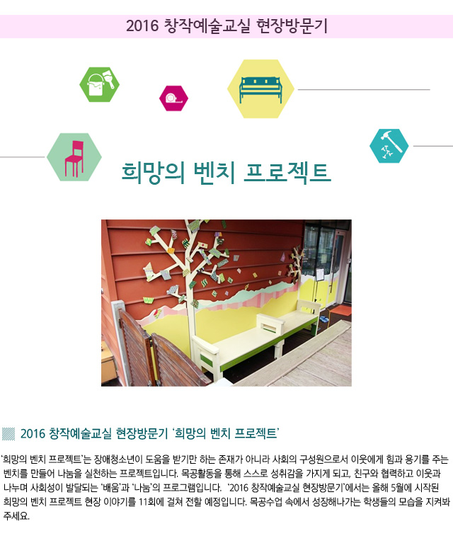 2016 창작예술교실 현장방문기 희망의 벤치 프로젝트/ 희망의 벤치 프로젝트는 장애청소년이 도움을 받기만 하는 존재가 아니라 사회의 구성원으로서 이웃에게 힘과 용기를 주는  벤치를 만들어 나눔을 실천하는 프로젝트입니다. 목공활동을 통해 스스로 성취감을 가지게 되고, 친구와 협력하고 이웃과  나누며 사회성이 발달되는 배움과 나눔의 프로그램입니다.  2016 창작예술교실 현장방문기에서는 올해 5월에 시작된  희망의 벤치 프로젝트 현장 이야기를 11회에 걸쳐 전할 예정입니다. 목공수업 속에서 성장해나가는 학생들의 모습을 지켜봐주세요.