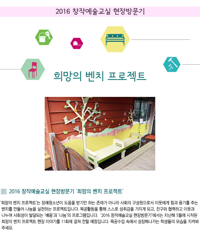 2016 창작예술교실 현장방문기 희망의 벤치 프로젝트
희망의 벤치프로젝트는 장애청소년이 도움을 받기만 하는 존재가 아니라 사회의 구성원으로서 이웃에게 힘과 용기를 주는 벤치를 만들어 나눔을 실천하는 프로젝트입니다. /목공활동을 통해 스스로 성취감을 가지게 되고, 친구와 협력하고 이웃과 나누며 사회성이 발달되는 배움과 나눔의 프로그램입니다. 2016창작예술교실 현장방문기에서는 올해 5월에 시작된 희망의 벤치 프로젝트 현장 이야기를 11회에 걸쳐 전할 예정입니다. 목공수업 속에서 성장해 나가는 학생들의 모습을 지켜봐 주세요

