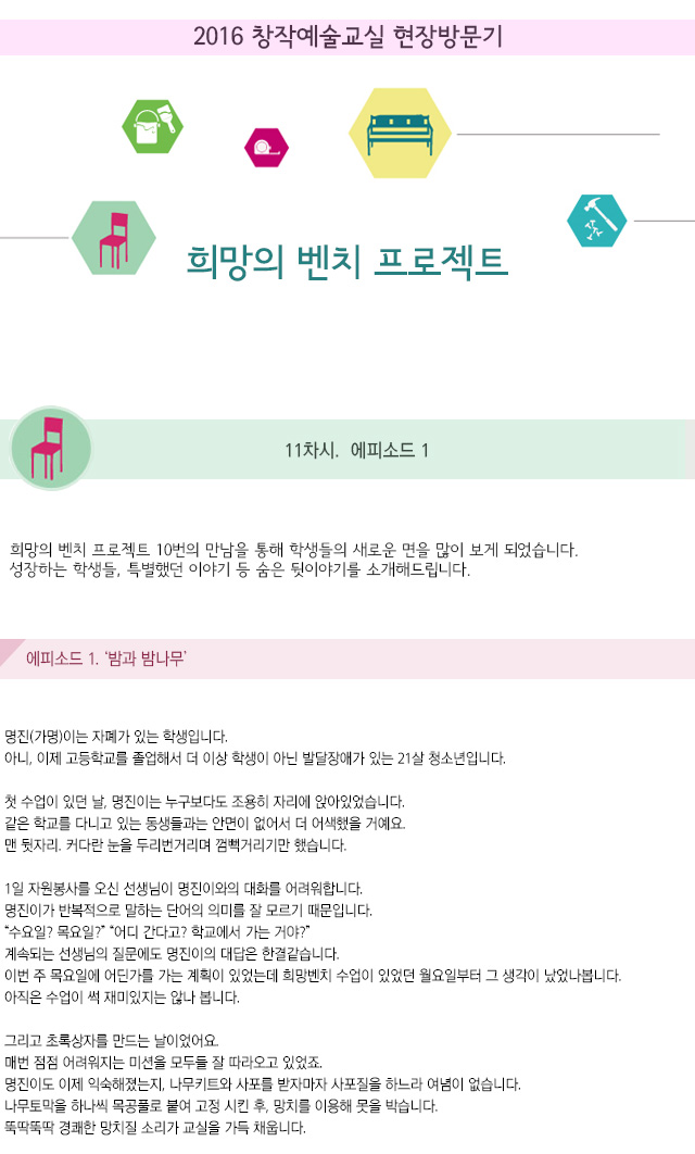 2016 창작예술교실 현장방문기
희망의 벤치 프로젝트
11차. 에피소드 1
희망의 벤치 프로젝트 10번의 만남을 통해 학생들의 새로운 면을 많이 보게 되었습니다.
성장하는 학생들, 특별했던 이야기 등 숨은 뒷이야기를 소개해드립니다.
에피소드 1. 밤과 밤나무
명진(가명)이는 자폐가 있는 학생입니다. 
아니, 이제 고등학교를 졸업해서 더 이상 학생이 아닌 발달장애가 있는 21살 청소년입니다.
첫 수업이 있던 날, 명진이는 누구보다도 조용히 자리에 앉아있었습니다.
같은 학교를 다니고 있는 동생들과는 안면이 없어서 더 어색했을 거예요.
맨 뒷자리. 커다란 눈을 두리번거리며 껌뻑거리기만 했습니다.
1일 자원봉사를 오신 선생님이 명진이와의 대화를 어려워합니다.
명진이가 반복적으로 말하는 단어의 의미를 잘 모르기 때문입니다.
수요일? 목요일? 어디 간다고? 학교에서 가는 거야?
계속되는 선생님의 질문에도 명진이의 대답은 한결같습니다.
이번 주 목요일에 어딘가를 가는 계획이 있었는데 희망벤치 수업이 있었던 월요일부터 그 생각이 났었나봅니다. 아직은 수업이 썩 재미있지는 않나 봅니다.
그리고 초록상자를 만드는 날이었어요.
매번 점점 어려워지는 미션을 모두들 잘 따라오고 있었죠.
명진이도 이제 익숙해졌는지, 나무키트와 사포를 받자마자 사포질을 하느라 여념이 없습니다. 나무토막을 하나씩 목공풀로 붙여 고정 시킨 후, 망치를 이용해 못을 박습니다. 뚝딱뚝딱 경쾌한 망치질 소리가 교실을 가득 채웁니다.