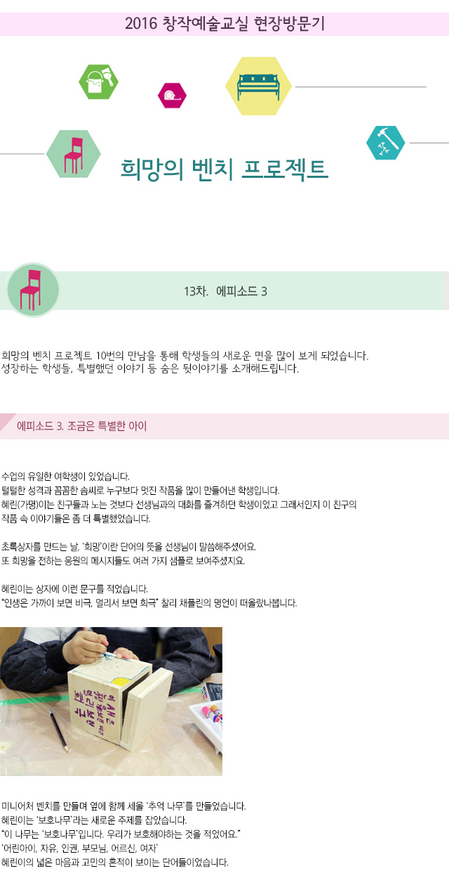 2016 창작예술교실 현장방문기
희망의 벤치 프로젝트
13차. 에피소드 3
희망의 벤치 프로젝트 10번의 만남을 통해 학생들의 새로운 면을 많이 보게 되었습니다.
성장하는 학생들, 특별했던 이야기 등 숨은 뒷이야기를 소개해드립니다.
에피소드3. 조금은 특별한 아이
수업의 유일한 여학생이 있었습니다.
털털한 성격과 꼼꼼한 솜씨로 누구보다 멋진 작품을 많이 만들어낸 학생입니다.
혜린(가명)이는 친구들과 노는 것보다 선생님과의 대화를 즐겨하던 학생이었고 그래서인지 이 친구의 작품 속 이야기들은 좀 더 특별했었습니다.
초록상자를 만드는 날, ‘희망’이란 단어의 뜻을 선생님이 말씀해주셨어요.
또 희망을 전하는 응원의 메시지들도 여러 가지 샘플로 보여주셨지요.
혜린이는 상자에 이런 문구를 적었습니다.
“인생은 가까이 보면 비극, 멀리서 보면 희극” 찰리 채플린의 명언이 떠올랐나봅니다.
미니어처 벤치를 만들며 옆에 함께 세울 ‘추억 나무’를 만들었습니다.
혜린이는 ‘보호나무’라는 새로운 주제를 잡았습니다.
“이 나무는 ‘보호나무’입니다. 우리가 보호해야하는 것을 적었어요.”
‘어린아이, 자유, 인권, 부모님, 어르신, 여자’
혜린이의 넓은 마음과 고민의 흔적이 보이는 단어들이었습니다.